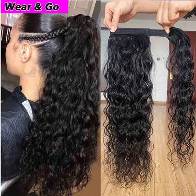Extensión de cola de caballo de cabello humano con onda de agua, con gancho y lazo, envuelto alrededor de cola de caballo de cabello humano virgen brasileño largo para mujeres, color natural de 8 a 28 pulgadas
