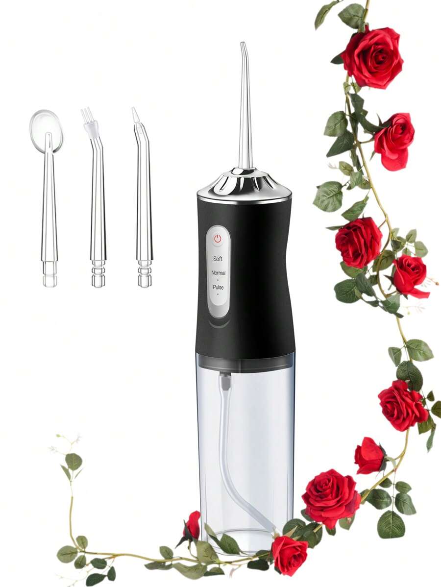 升级版电动冲牙器，适合个人口腔护理（尤其适合佩戴牙套者），便携式冲牙器配备4个喷嘴，230毫升加固水箱，3种模式，牙齿美白，口腔清洁，男女通用，家用，节日礼物 - 黑色 - 查看 1