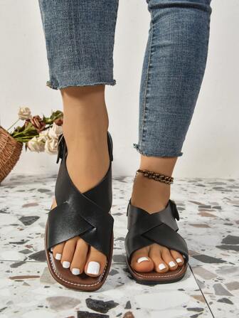 Plus Size Slip-On Sandals, Women Criss-Cross Strap One-Piece Design Beach Outdoor Slides