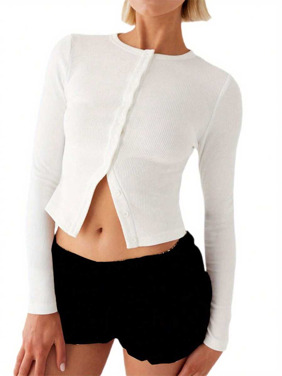 Women Crop Tops Summer Knit Ribbed Button Front Long Sleeve Shirt Streetwear 2025 Clothes - White - View 1