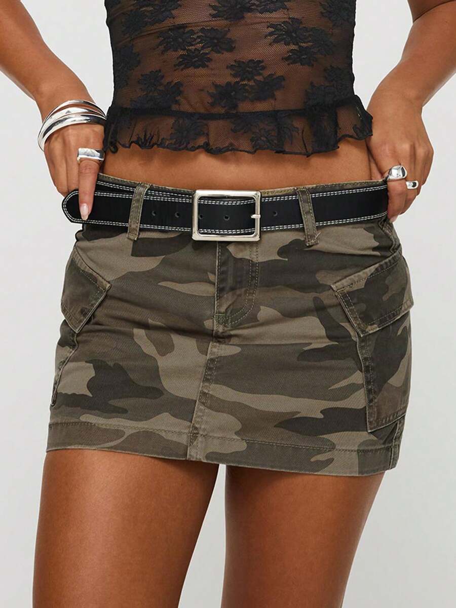Womens Y2K Cargo Denim Skirts Mid Rise Mini Jean Skirts With Pockets Casual Streetwear - xanh quân đội - Xem 1
