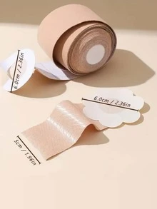 (5m/Roll + 10pcs Flower Nipple Covers) Lifting & Enhancing Bust Tape, Breathable Elastic Fabric Bust Tape With Self-Adhesive Nipple Covers, Strapless Bust Lift Tape Pads For Women - Khaki - View 2