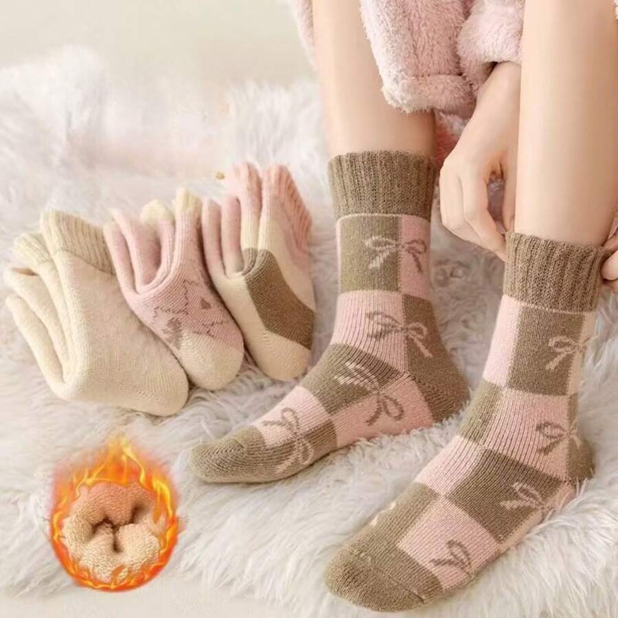 4 Pairs Thick Warm Mid-Calf Socks, Thermal Lined Winter Sleep Floor Socks, Maternity Socks For Women - Multicolor - View 1