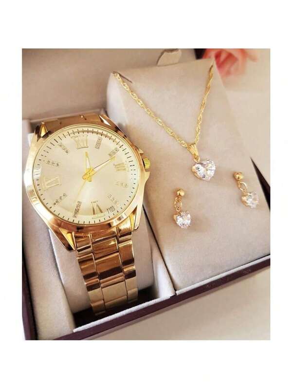 Kit Relógio Feminino Dourado Prata + Colar Brinco Folheado