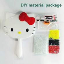 Sanrio 1 szt. Sanrio, ręcznie robione, urocze, kreskówkowe lusterko do makijażu z kotem KT, przenośne, dekoracyjne lustro, ręcznie robione lustro z kryształkami, najlepszy prezent dla dziewczynek, opakowanie prezentów urodzinowych, dekoracja szkoły na ukończenie szkoły, szkolna niespodzianka, dekoracja akademika, powrót do szkoły