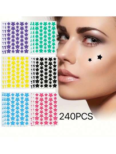 6 pièces/pack 240 pièces Autocollants étoiles - Patch apaisant, invisible et non irritant, Autocollants de décoration pour Halloween et Noël, Autocollants d'étoiles à cinq branches colorées, Autocollants de DIY pour festival de musique, Fun Autocollants de dessins animés, Autocollants mini imperméables et anti-transpiration, Décoration faciale légère et respirante douce et mignonne pour fête, bureau, convenant à tous types de peau, convenant aux hommes et aux femmes 40/160/240 pièces
