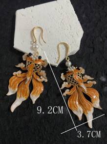 2 pièces Boucles d'oreilles créoles surdimensionnées en alliage émaillé avec motif de carpe élégant, bijoux vintage peints à la main avec perles pour femmes