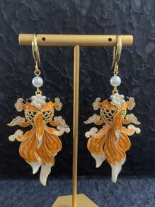 2 pièces Boucles d'oreilles créoles surdimensionnées en alliage émaillé avec motif de carpe élégant, bijoux vintage peints à la main avec perles pour femmes