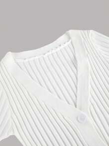 Y2K Minimalist Casual Front Open V-Neck Long Sleeve Flared Hem Ribbed Knit Bodycon Dress, Autumn Outfit - White - View 4