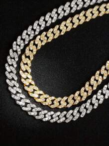 kuuioe 1pc Full Rhinestone Hip-Hop Design Three Rhinestone Chain Necklace 1cm Width Exquisite Shiny Clavicle Chain, Party Jewelry, Suitable For Daily Matching, Perfect New Year Gift, Valentine's Day Gift, Mom, Mother, Mother's Day, Gift