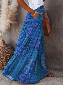 Women's Bohemian Skirts Vintage Elastic High Waist A-Line Skirts Tiered Long Skirts With Pockets - 藍色 - 查看 1