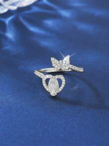 1 pieza Anillo de estilo coreano minimalista en forma de mariposa con incrustaciones microscópicas de circonita cúbica de la Virgen María para mujer, elegante y frío, dorado - Amarillo Oro - Ver 15