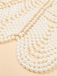 1pc Delicate & Elegant White Multi-Layer Faux Pearl Handmade Hollow Necklace & Body Chain, Adjustable Length, Suitable For Formal Wear & All Seasons