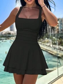 Women's Square Neck Ruffle Hem Mini Dress Ruched Waist Short Party Dresses