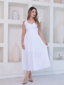 Victory Plain Dune Wave Midi Dress With Ruffle On The Sleeve - White - View 5