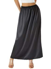 Women Half Slip Underskirt, Solid Color Elastic Waist Inner Lining For Midi Skirt - 黑色 - 查看 1
