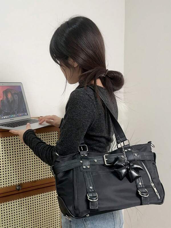 2024 New Student Handbag For Women, Large Capacity Shoulder Crossbody Bag, Cute Motorcycle Bag With Premium Niche Design, Commute Tote