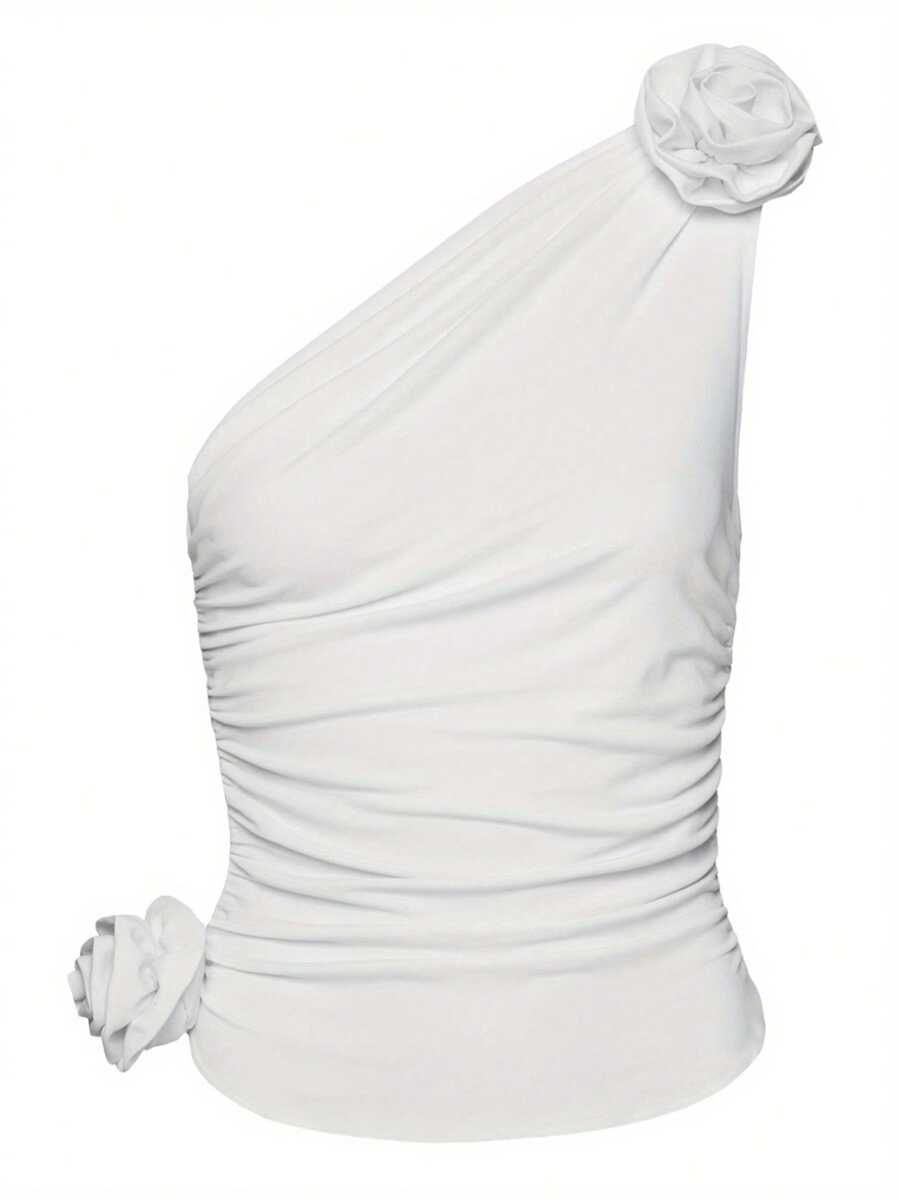 Women Y2K Solid Color Tank Tops Summer One Shoulder Sleeveless 3D Rosette Ruched Tops - White - View 1