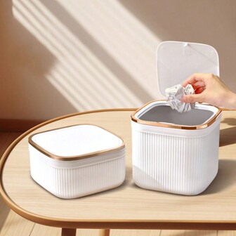 1pc Desktop Trash Can With Lid - White With Gold Trim - Removable Small Garbage Bin, Plastic Waste Basket, Easy Press-Open Lid For Bathroom, Office, Vanity, Coffee Table, Kitchen Desk, Dining Table