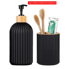 2pcs/Set Hand Foaming Soap Dispenser Bottle With Toothbrush Toothpaste Holder Modern Stripe Design Hand Dispenser Bomboo Pump Liquid Dispenser Home Bathroom Decor Fall Decor Back To School - Black - View 10