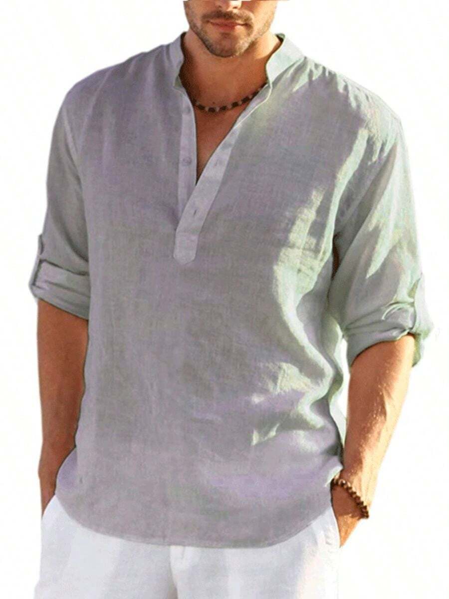 Men's Casual Fashion Breathable Cotton Long-Sleeved Shirt - 灰色 - 查看 1