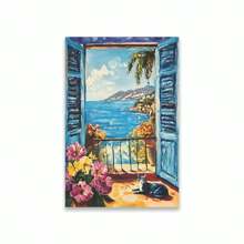 1PC Mediterranean Posters Coastal Balcony View Travel Print Santorini Church Art Print Greek Island Landscape Canvas Painting Wall Arts Decor No Frame Gifts Birthday Graduation