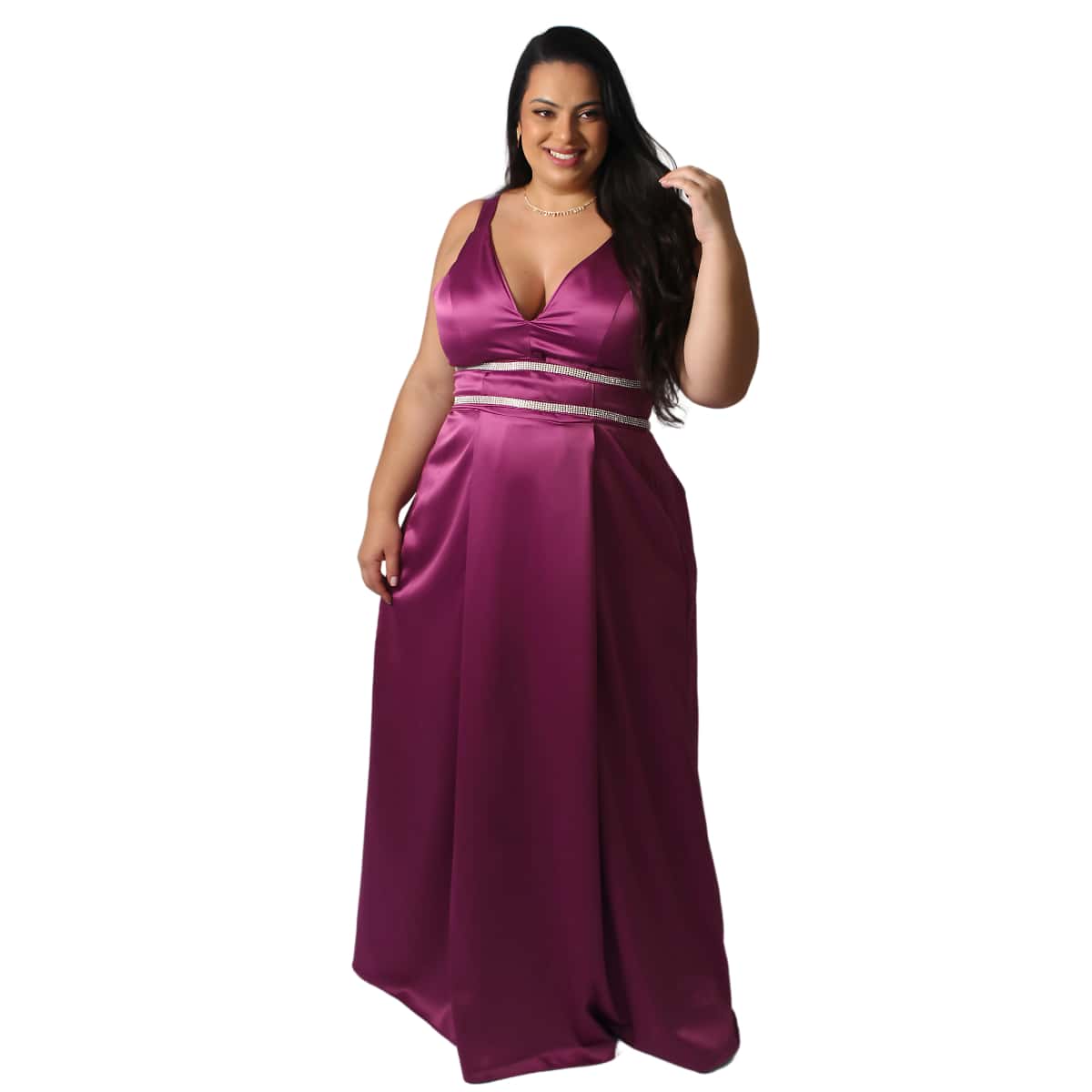 Holy Lia Vestido Plus Size Longo Decote V Festa Strass Elegante Madrinha Casamento