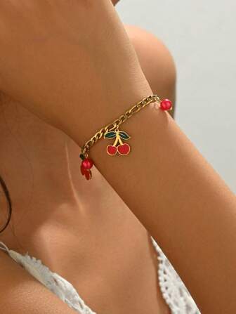 1 件不锈钢玫瑰金樱花印花手链，时尚可爱甜美节日庆典百搭女士珠宝配饰