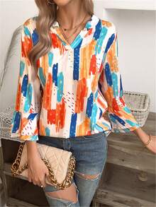 女士V领长袖印花休闲衬衫，日常穿着 - 彩色 - 查看 3