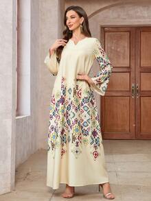 V-Neck Dress, All-Over Placement Print, Thick Soft Four-Way Stretch Fabric, Elegant Luxurious Arabic Style Abaya,Modest