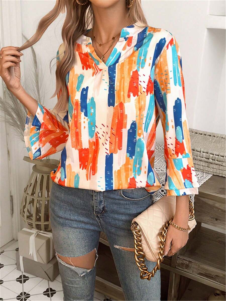 女士V领长袖印花休闲衬衫，日常穿着 - 彩色 - 查看 1