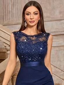 MIUSOL 经典亮片花卉蕾丝圆领无袖鸡尾酒会修身连衣裙，优雅女士连衣裙 - 藏蓝色 - 查看 7