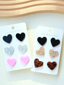 3 pièces/Ensemble de boucles d'oreilles en forme de cœur pailleté en acrylique (cœur noir, cœur léopard, cœur rose), ensemble de bijoux paillettes mignon, cadeau de la Saint-Valentin - Saint Valentin - Voir 6