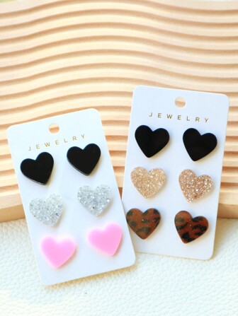 3 st/set Akryl Blingbling hjärtformade örhängen (svart hjärta, leopardhjärta, rosa hjärta), söt glitter smyckeset, alla hjärtans dag present