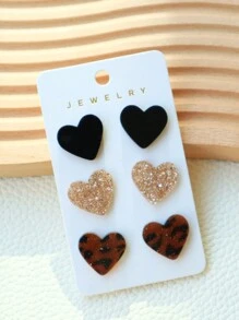 3 pièces/Ensemble de boucles d'oreilles en forme de cœur pailleté en acrylique (cœur noir, cœur léopard, cœur rose), ensemble de bijoux paillettes mignon, cadeau de la Saint-Valentin - Saint Valentin - Voir 7