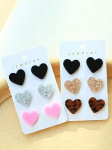 3 pièces/Ensemble de boucles d'oreilles en forme de cœur pailleté en acrylique (cœur noir, cœur léopard, cœur rose), ensemble de bijoux paillettes mignon, cadeau de la Saint-Valentin - Saint Valentin - Voir 4