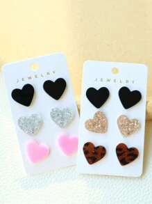 3 pièces/Ensemble de boucles d'oreilles en forme de cœur pailleté en acrylique (cœur noir, cœur léopard, cœur rose), ensemble de bijoux paillettes mignon, cadeau de la Saint-Valentin - Saint Valentin - Voir 5