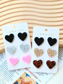 3 pièces/Ensemble de boucles d'oreilles en forme de cœur pailleté en acrylique (cœur noir, cœur léopard, cœur rose), ensemble de bijoux paillettes mignon, cadeau de la Saint-Valentin - Saint Valentin - Voir 2