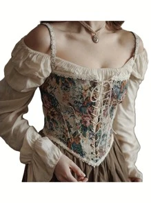 Womens Vintage Jacquard Bandage Camisole Sexy Boat Neck Flounce Irregular Suspender Corset - Impresión multicolor Q21TP254 - Ver 6