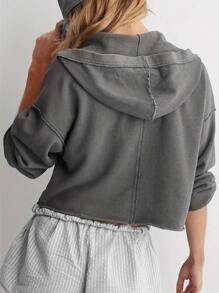 Sudadera con capucha para mujer, de manga larga, color liso, con cuello en V, para primavera y otoño - Gris - Ver 7