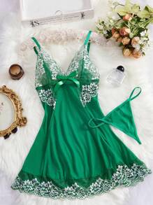 2pcs Sexy Semi-Sheer Spaghetti Strap Nightgown - Deep V-Neck Backless, Bow Detail, Stretchy, Solid Color, Knit Fabric, Women Sleepwear - Suitable For Koningsdag/Kings Day Celebration