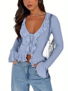 Women Long Sleeve Crop Tops Button Front Ruffle Cardigan Fitted Shirt For Club Streetwear Aesthetic Clothes - Light Blue - View 8