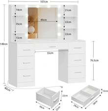 Schminktisch mit Beleuchtung, Einstellbarer Helligkeit, Schminktisch mit Spiegel und Steckdose, Schminktische mit 7 Schubladen, 6 Regale & 5 Haken, Moderner Kommode, Schlafzimmer, weiß