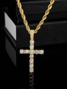 Diamond Cross Pendant Necklace, Men/Women, Gold/Silver Color, Ice Crystal Chain, Tennis Chain / Twist Chain With Cross Pendant, 20 Inch / 24 Inch - Multicolor - View 8