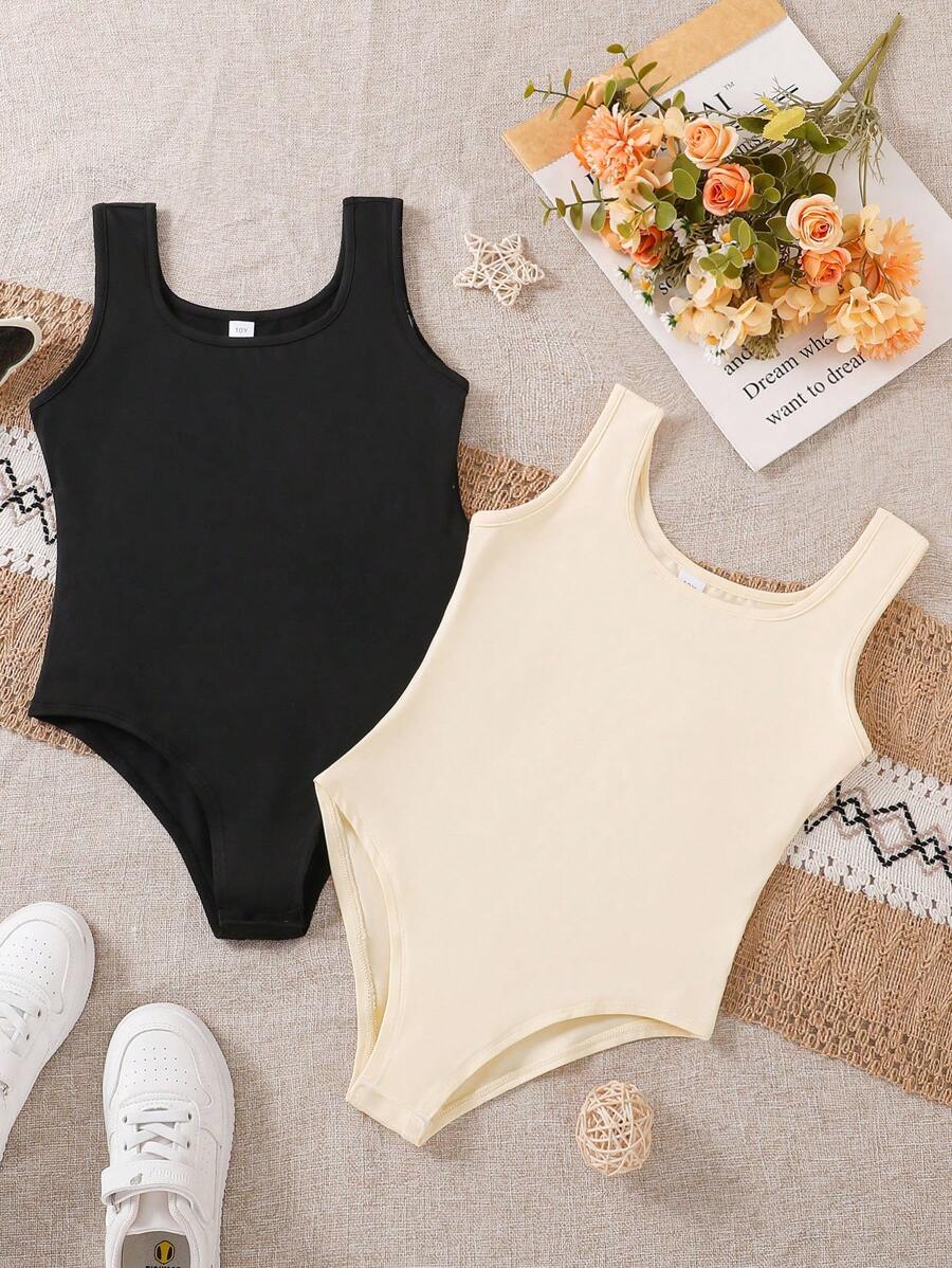 2pcs/Set Tween Girl Solid Color Square Neck Casual Jumpsuit - Multicolor - View 1