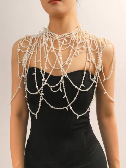 An Exquisite And Elegant Pure Hand-Woven Multi-Layer Faux Pearl Wedding Dress New Year Shawl Beautiful Back Dress Accessories Tassel Body Chain Top Chain Shoulder Chain Chest Chain Women's Jewelry Decoration