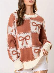 Women's Autumn Winter Knit Sweater Long Sleeve O Neck Bow Print Casual Knitwears - 卡其色 - 查看 4