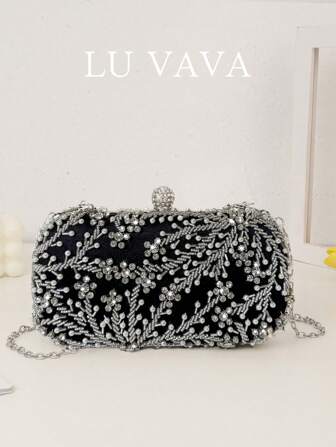 1pc Elegant And Romantic Black Solid Color Faux Pearl Beaded Evening Bag With Rhinestone Studded Heavy Duty Clutch BoxTready Bride Bag, Perfect For Party,Wedding, Prom,Dinner/Banquet, Matching With Wedding Dress, Formal Dresses, Prom Dress, Birthday Dress, Party Dress, Tready Party Bags,Perfect For Party, Wedding, Prom, Dinner/Banquet, Elegant Pearl Bag