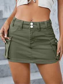 Women Mini Skirt Vintage Low Waist Cargo Skirt Summer Slim Fit Solid Color Skirt With Pockets For Club Party Streetwear