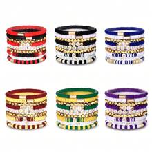 9pcs Set Women's Stackable Elastic Sports Bracelets, Sporty Soft Ceramic Beaded Football Fan Jewelry, Suitable For Daily And Sports Use